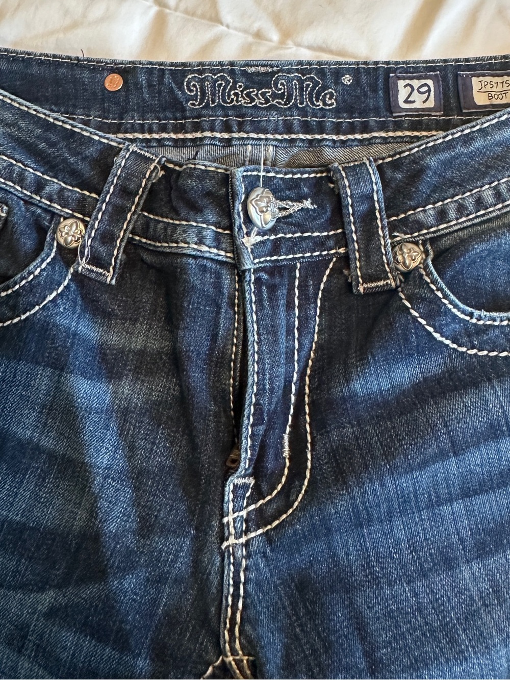 Miss Me Dark Blue Bootcut Jeans with White Contrast Stitching